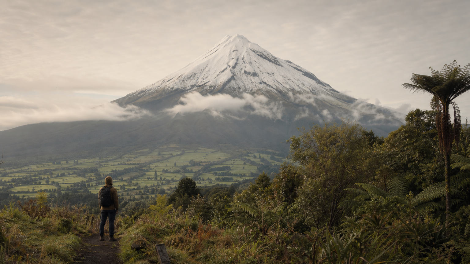 Snow-capped Kilimanjaro rising above farmland and rainforest with a lone hiker on a trail.