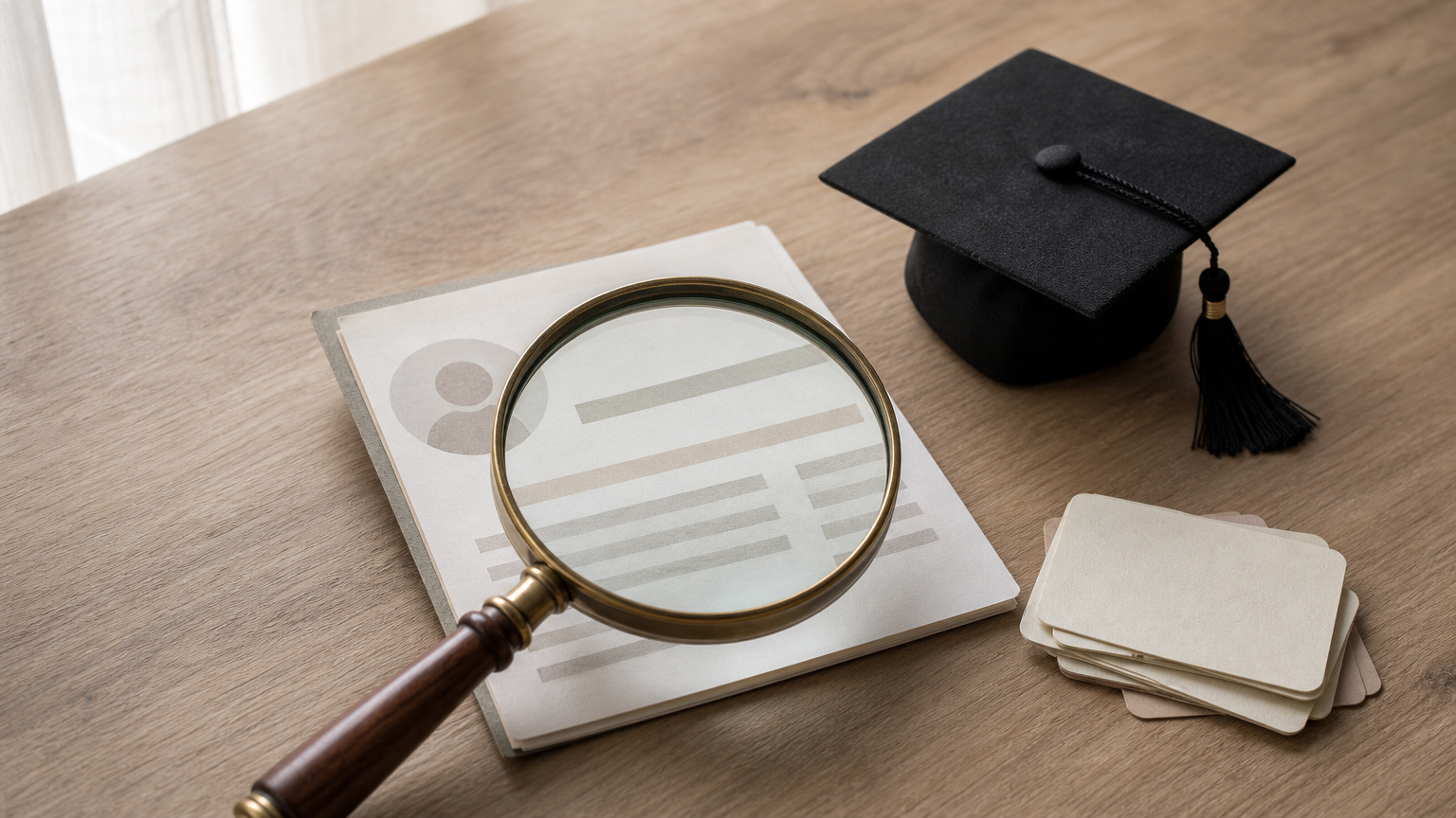 A magnifying glass examining a tutor profile card next to a graduation cap and review cards.