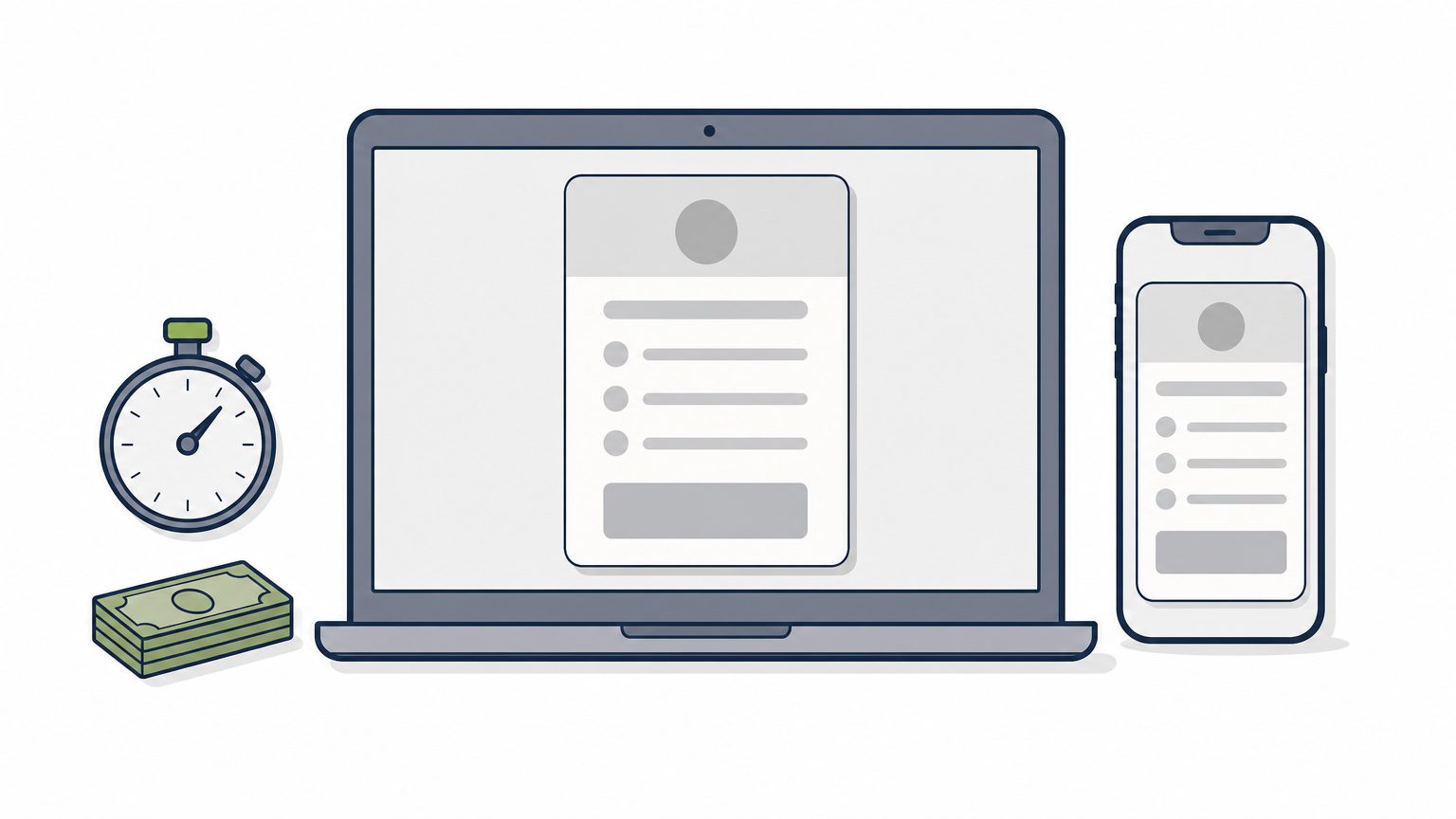 Laptop and phone displaying a pricing card design beside a stopwatch and cash.