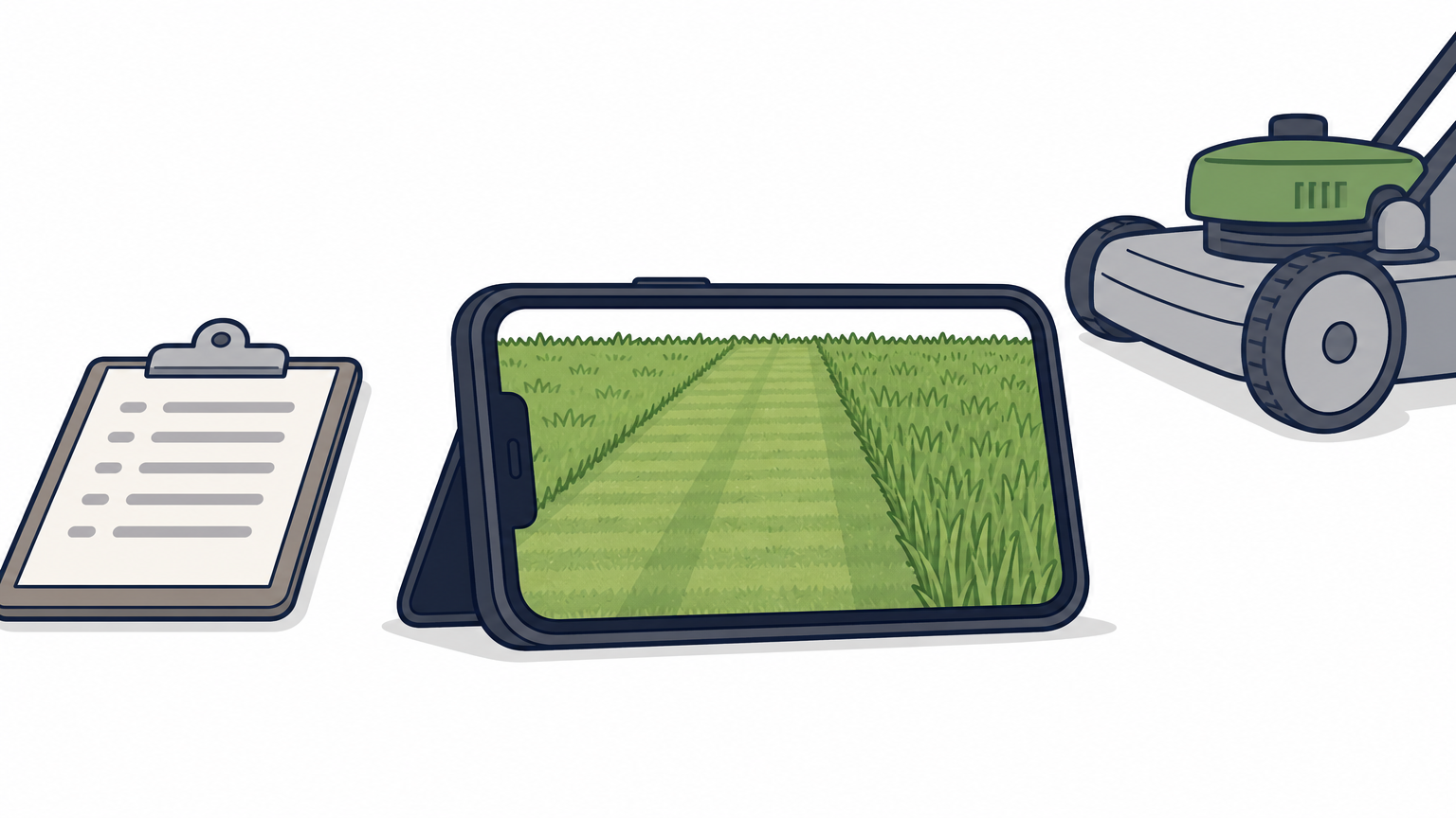 A phone on a lawn photographing a freshly mowed strip beside a clipboard.