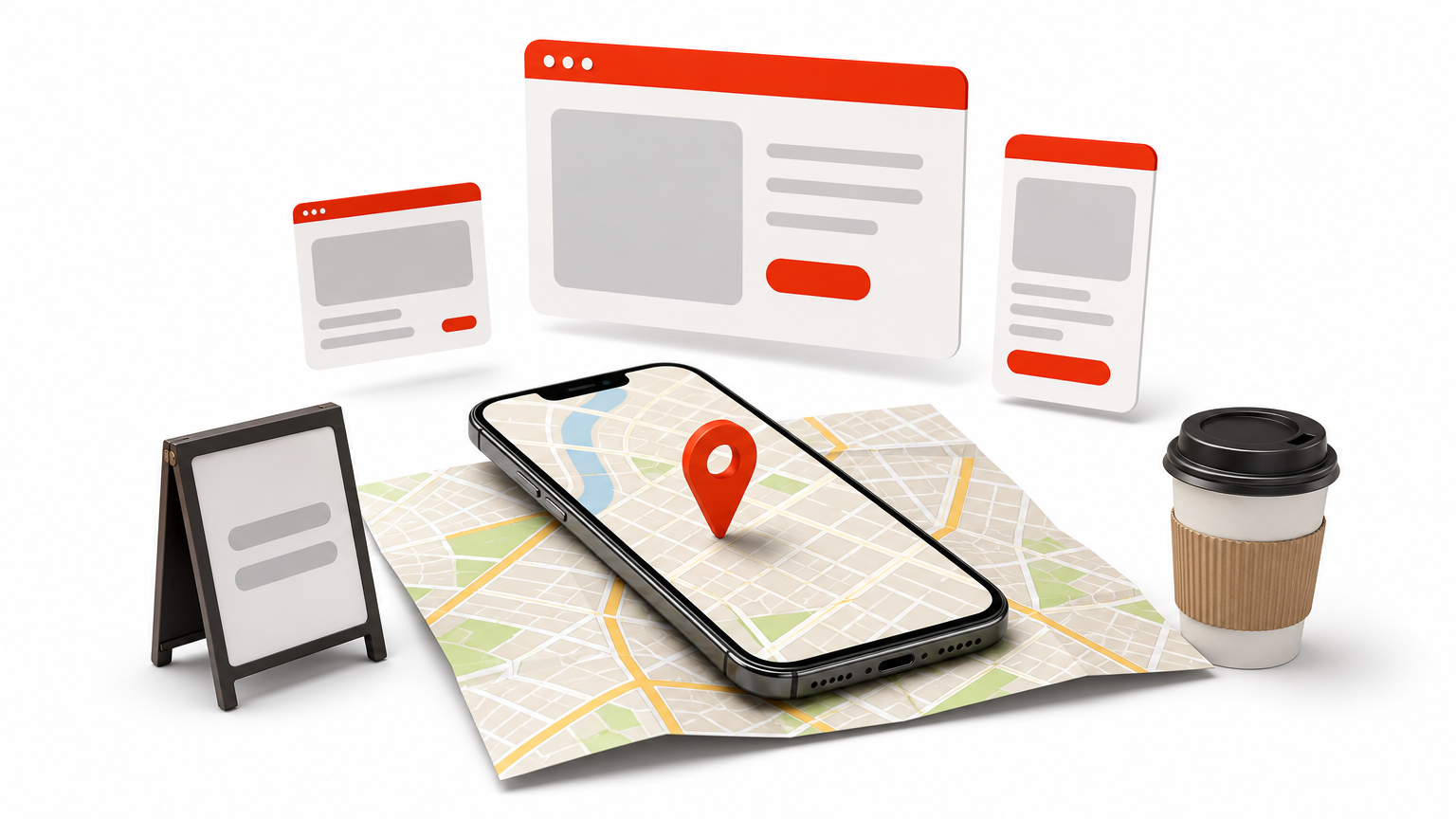 Smartphone resting on a folded paper map with a red pin, an open sign, and a coffee cup.