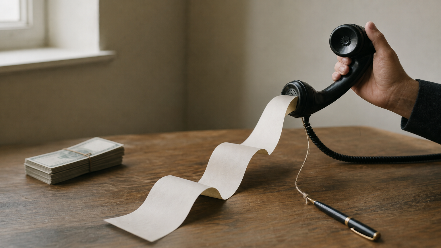 Phone receiver with a long contract unrolling from it while cash is pulled toward the phone.