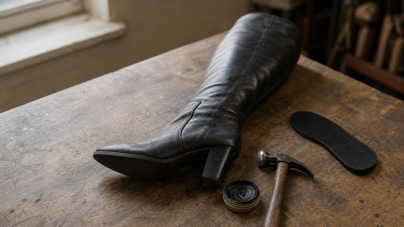 A black leather over the knee boot on a workbench with a hammer, polish tin, and new sole.