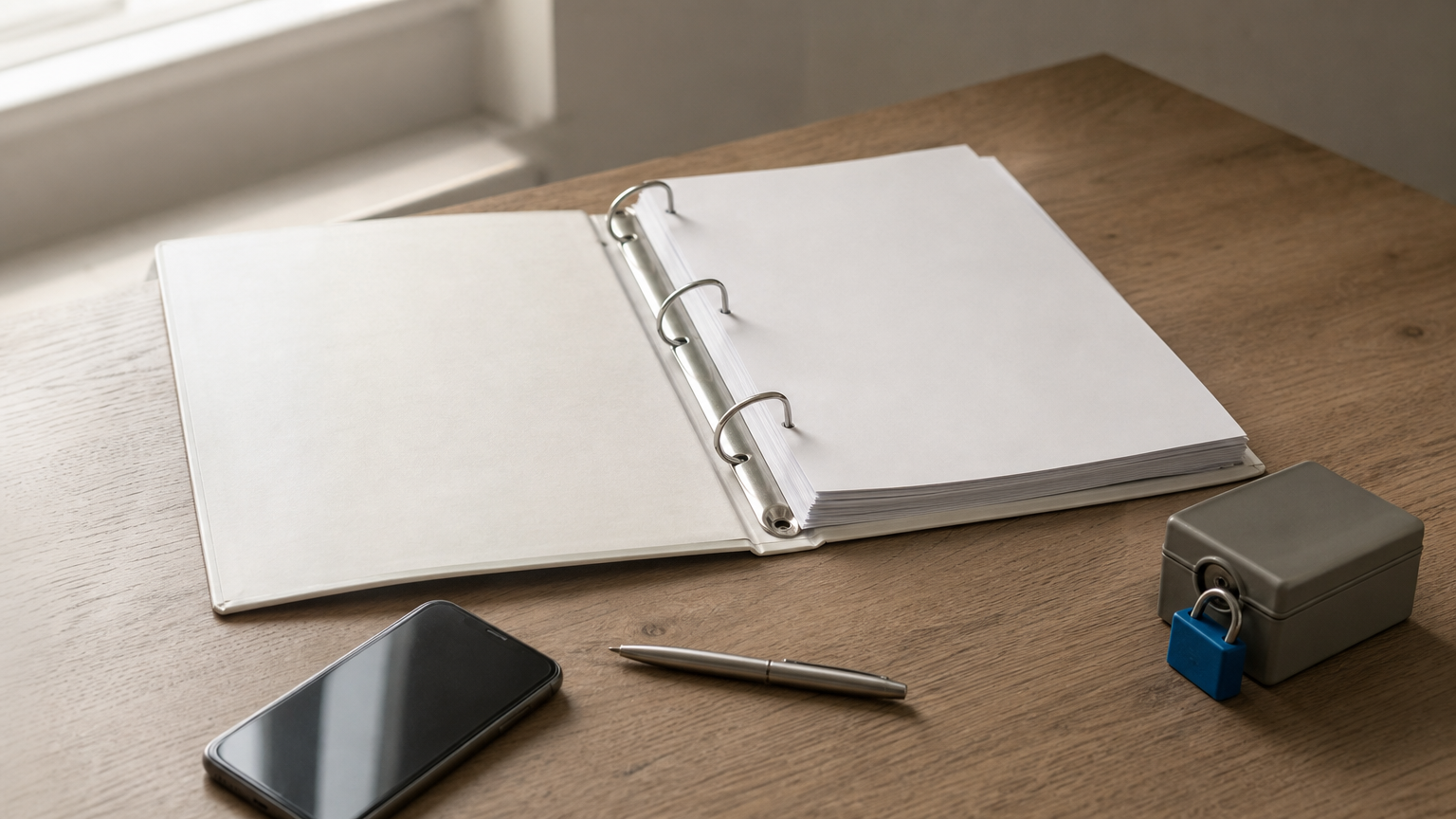 Open printed runbook on a desk with a phone, pen and small key box.