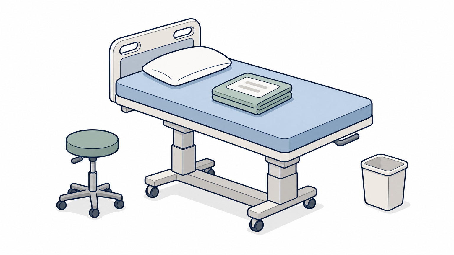 A hospital-style bed raised to working height with a dressing kit, pillow, and stool beside it.