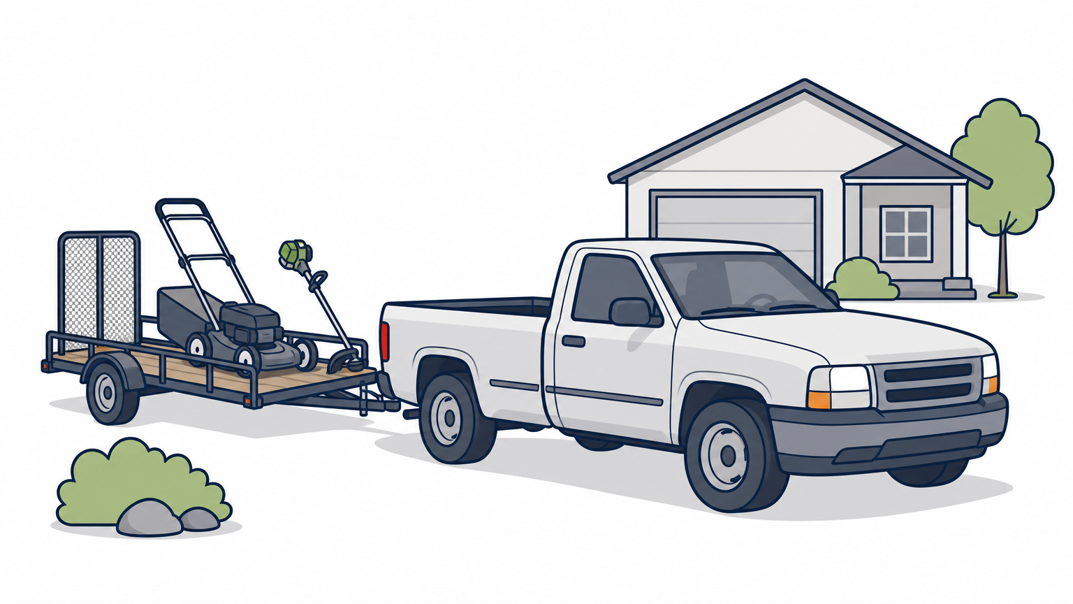 A pickup with a trailer carrying a mower and trimmer parked outside a suburban house.