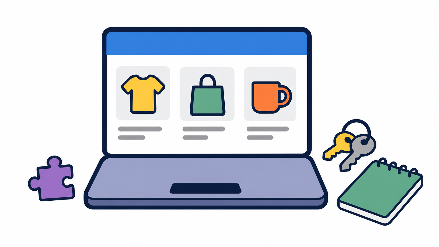 Laptop with online store page, puzzle piece, key ring and notepad on a desk.