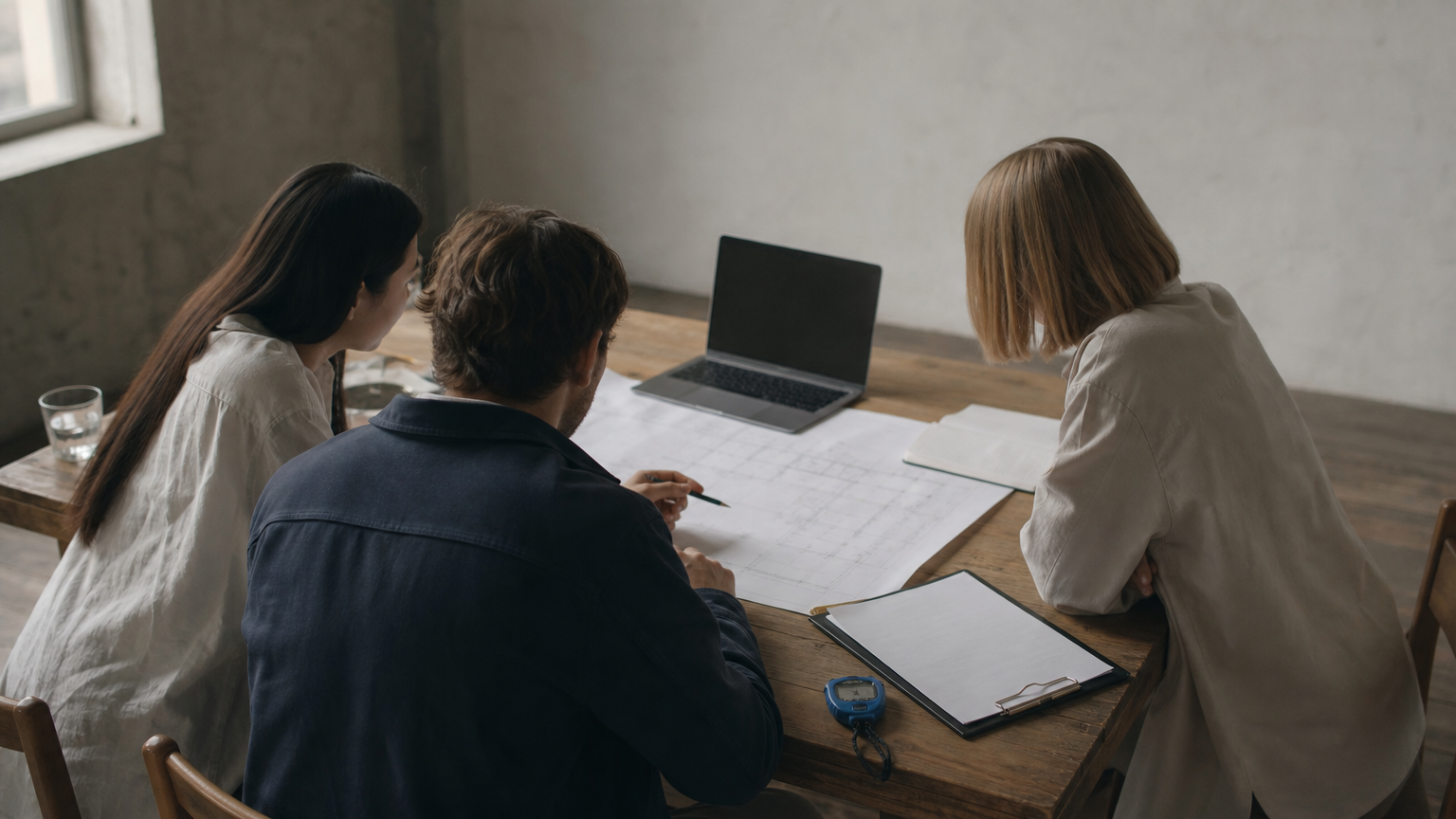 Colleagues at a table reviewing a printed plan with a laptop, stopwatch and clipboard.