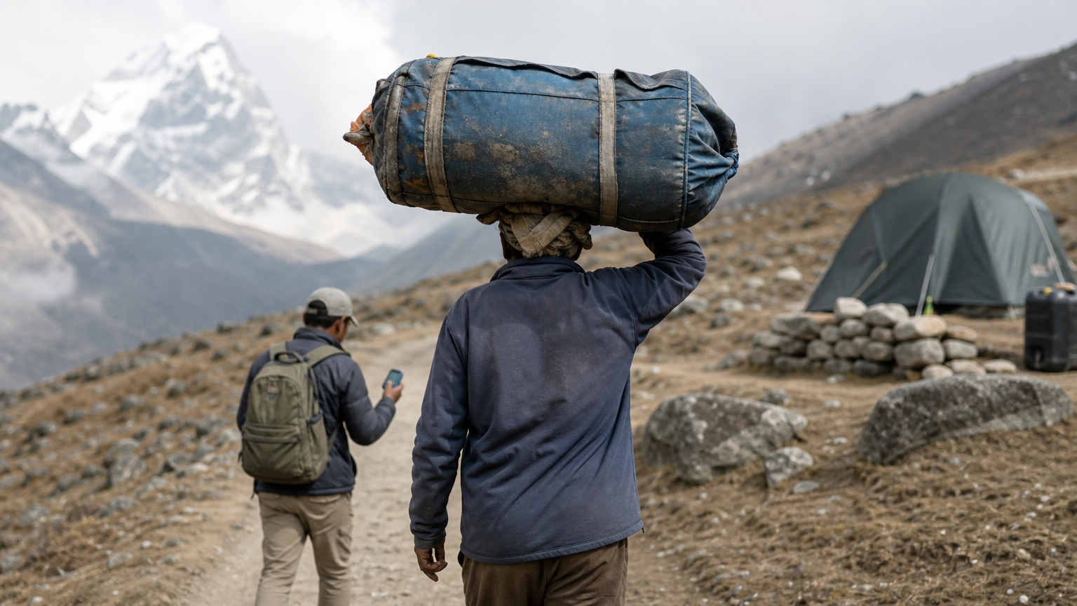 A porter with a duffel on his head walks beside a guide holding a pulse oximeter.