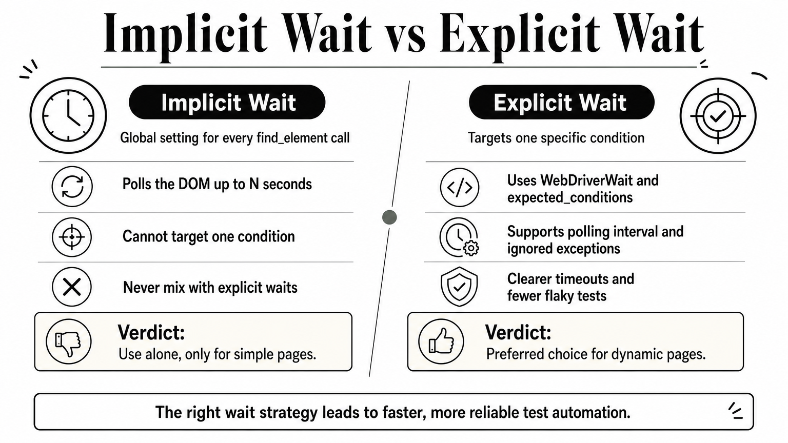 Comparison of implicit waits and explicit waits in Selenium with points and a verdict for each.