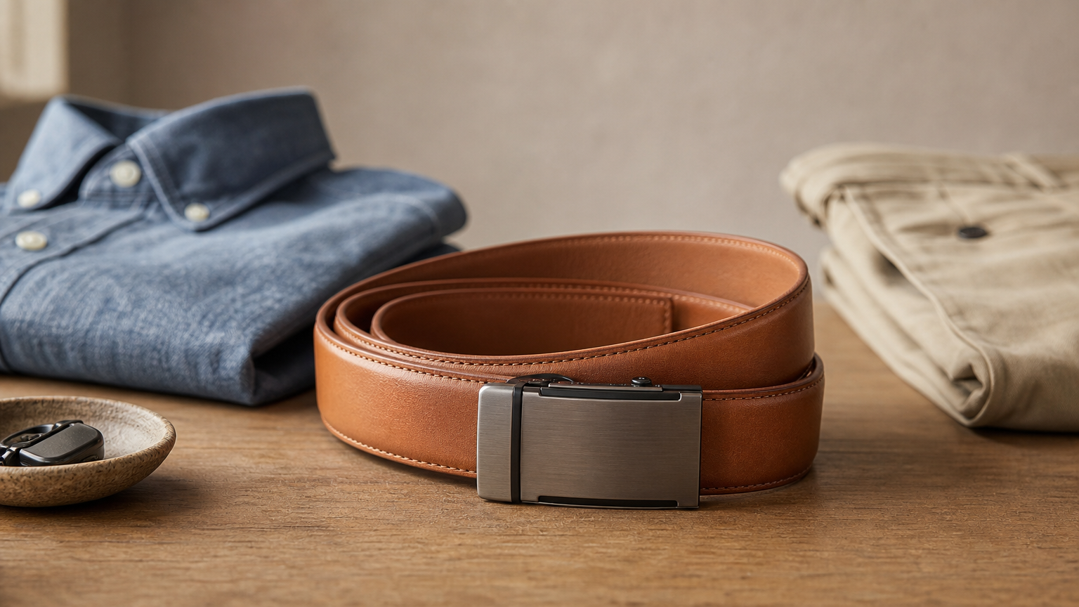 Ceinture en cuir enroulée avec boucle à cliquet, posée près d'une chemise pliée et d'un chino.