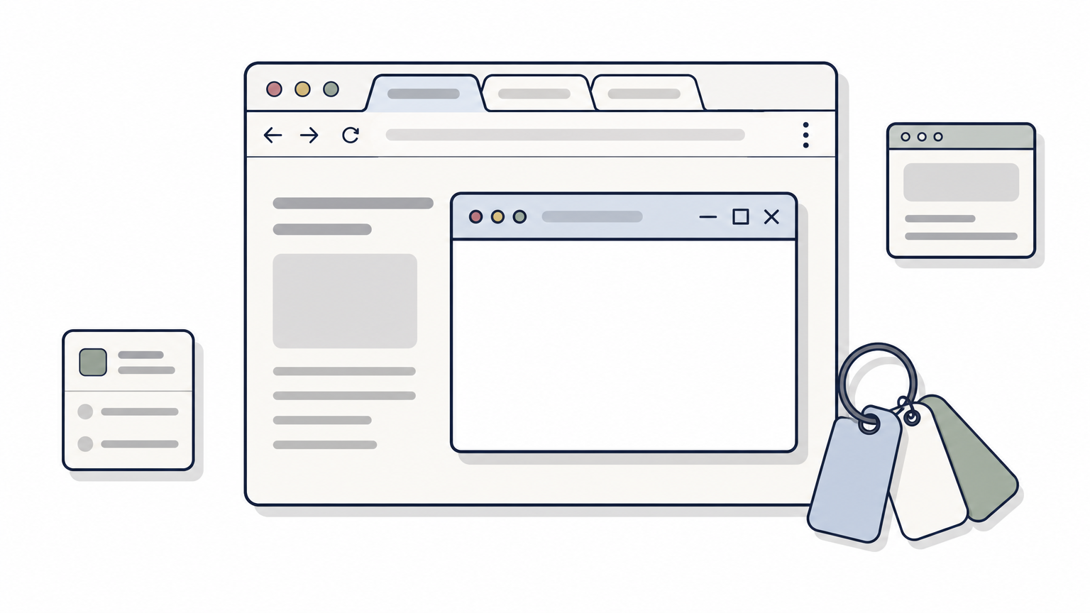 A browser page with an embedded frame, extra tabs, and tags representing window handles.