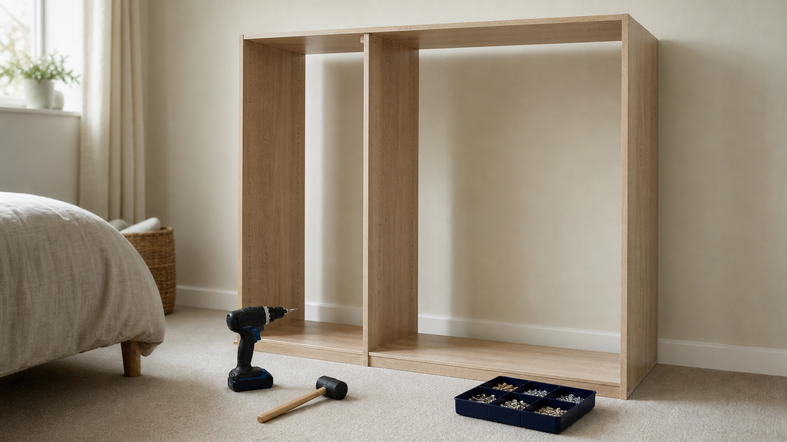 What Furniture Flat Pack Assembly Services Do and Cost 2 Half-built wardrobe frame with a cordless drill, rubber mallet and tray of sorted screws on the floor.