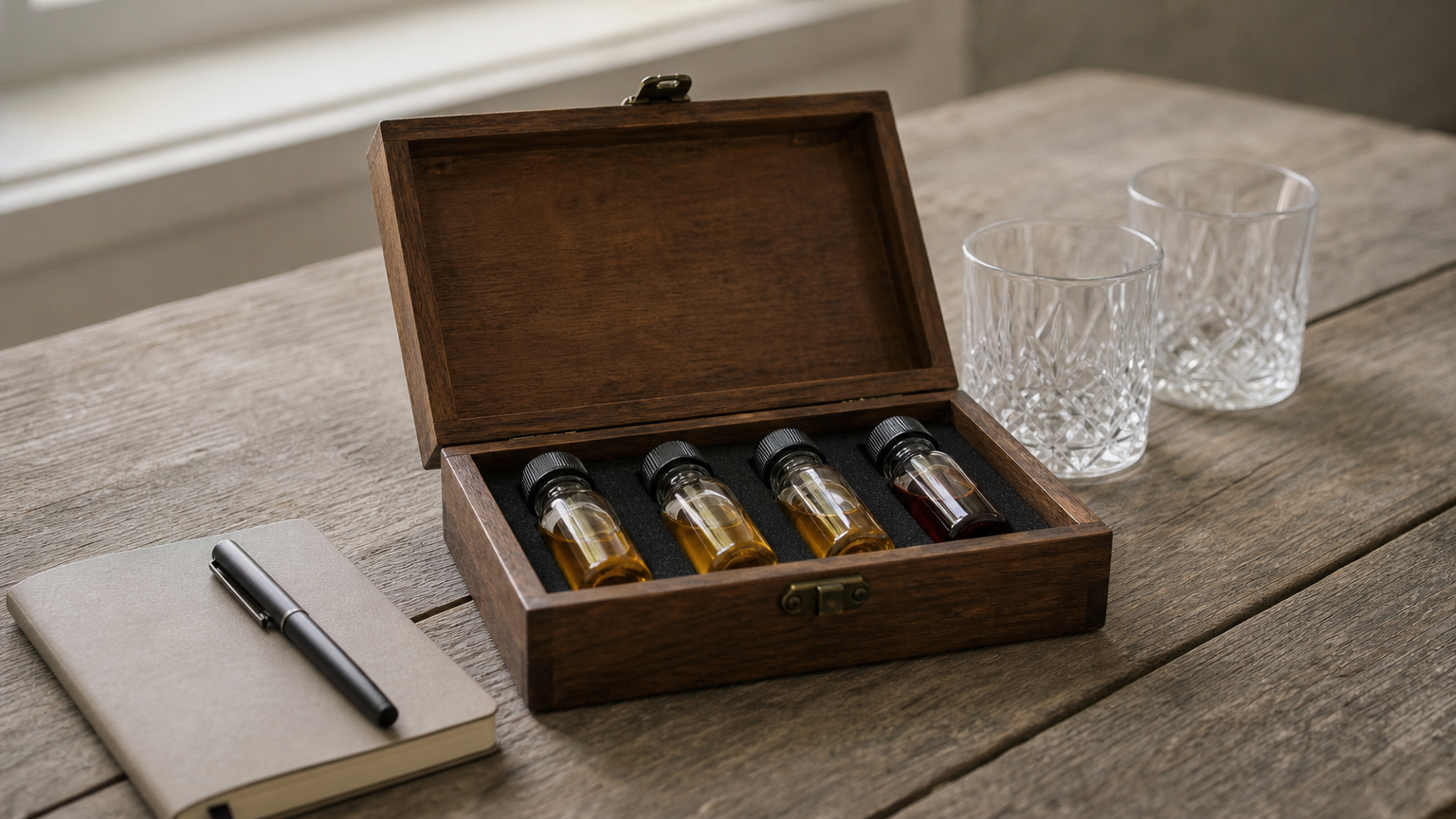 Coffret en bois ouvert avec quatre mignonnettes, deux verres en cristal et un carnet de notes.