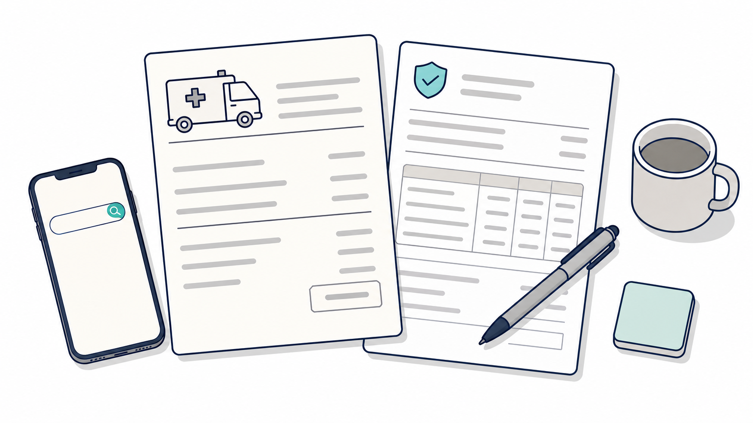 Ambulance statement and insurance benefits form on a desk beside a smartphone and pen.