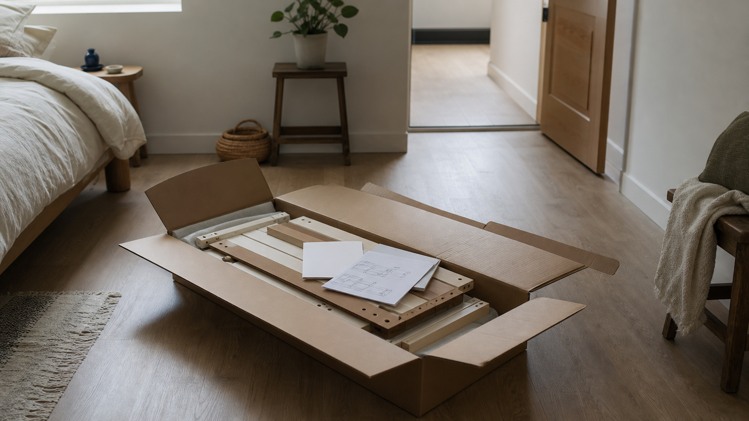 What Furniture Flat Pack Assembly Services Do and Cost 4 Cleared bedroom floor with an opened flat pack carton, order list and instruction sheet ready for the assemblers.