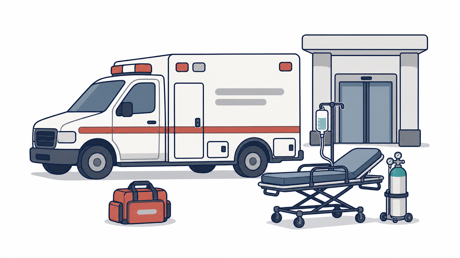 Ambulance at a hospital entrance with a stretcher holding oxygen tank and IV bag.