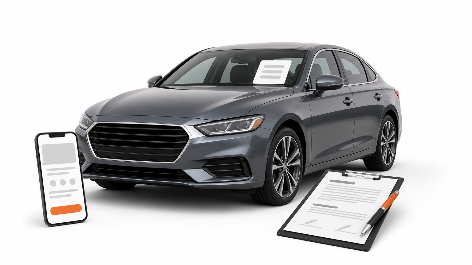 A sedan with a for-sale sign, a smartphone, and a clipboard with sale paperwork.