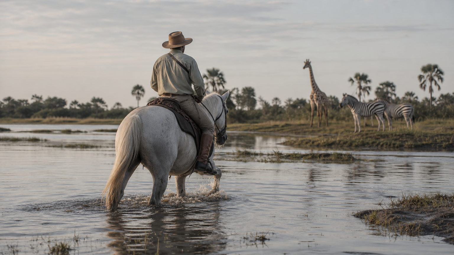 Horseback riders wade a shallow Okavango channel while zebra and a giraffe watch from the bank.