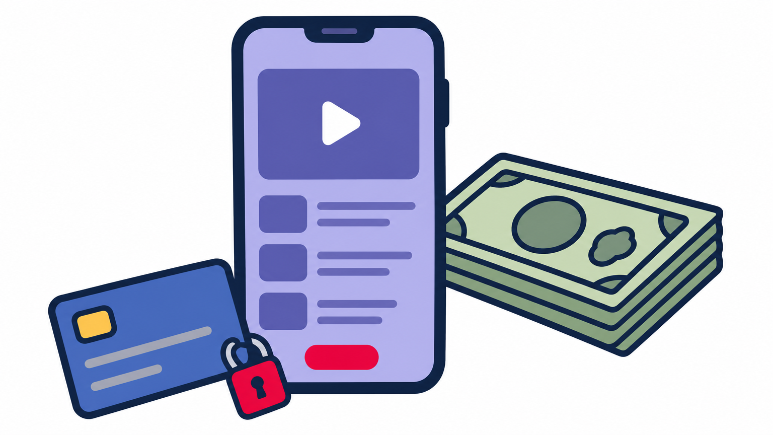 A smartphone beside Taka banknotes and a bank card with a padlock tag.