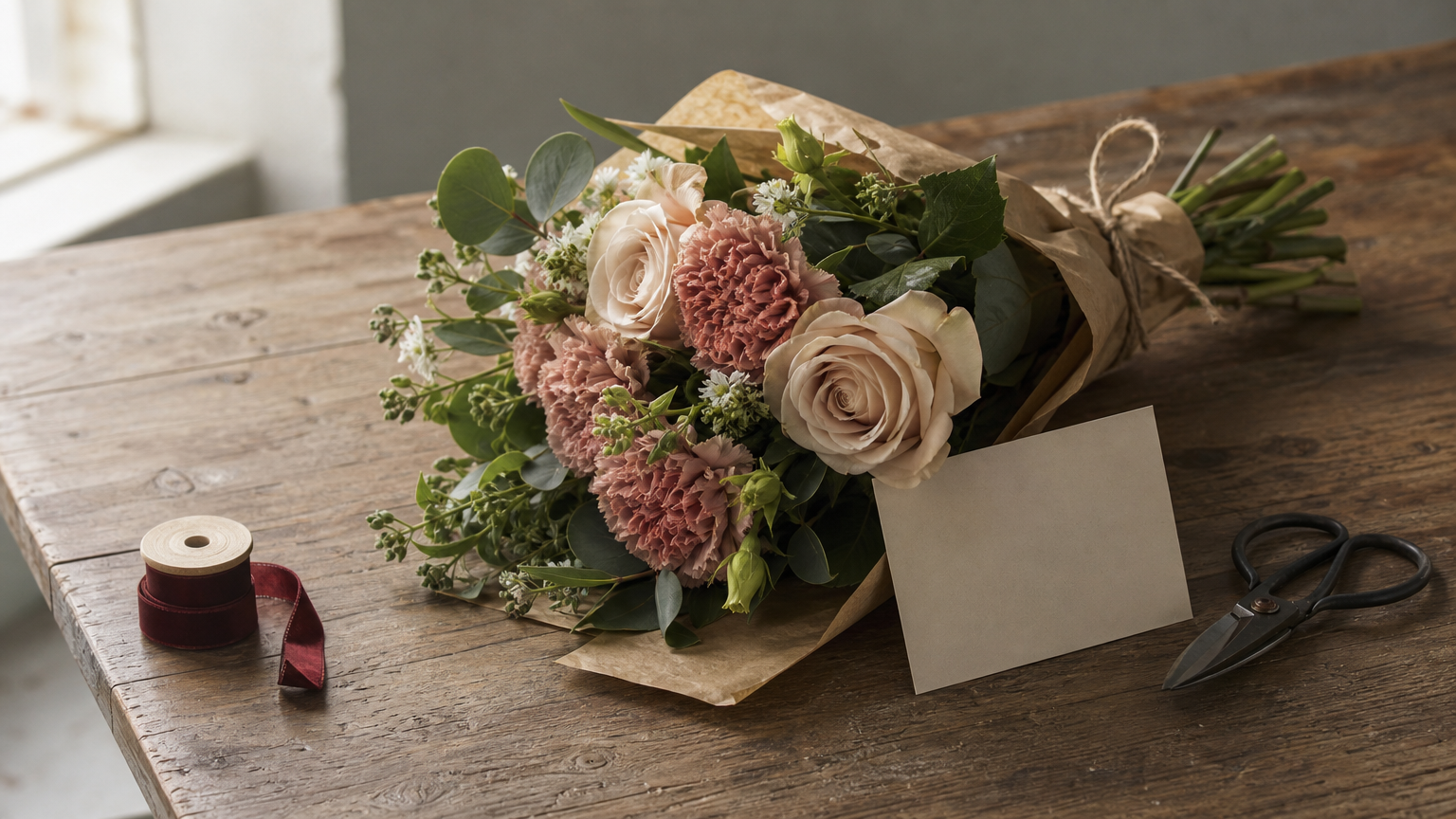 Unique Bouquet Ideas For Birthday Hand-tied rose and carnation bouquet with a handwritten card, shears and ribbon on a wooden table.