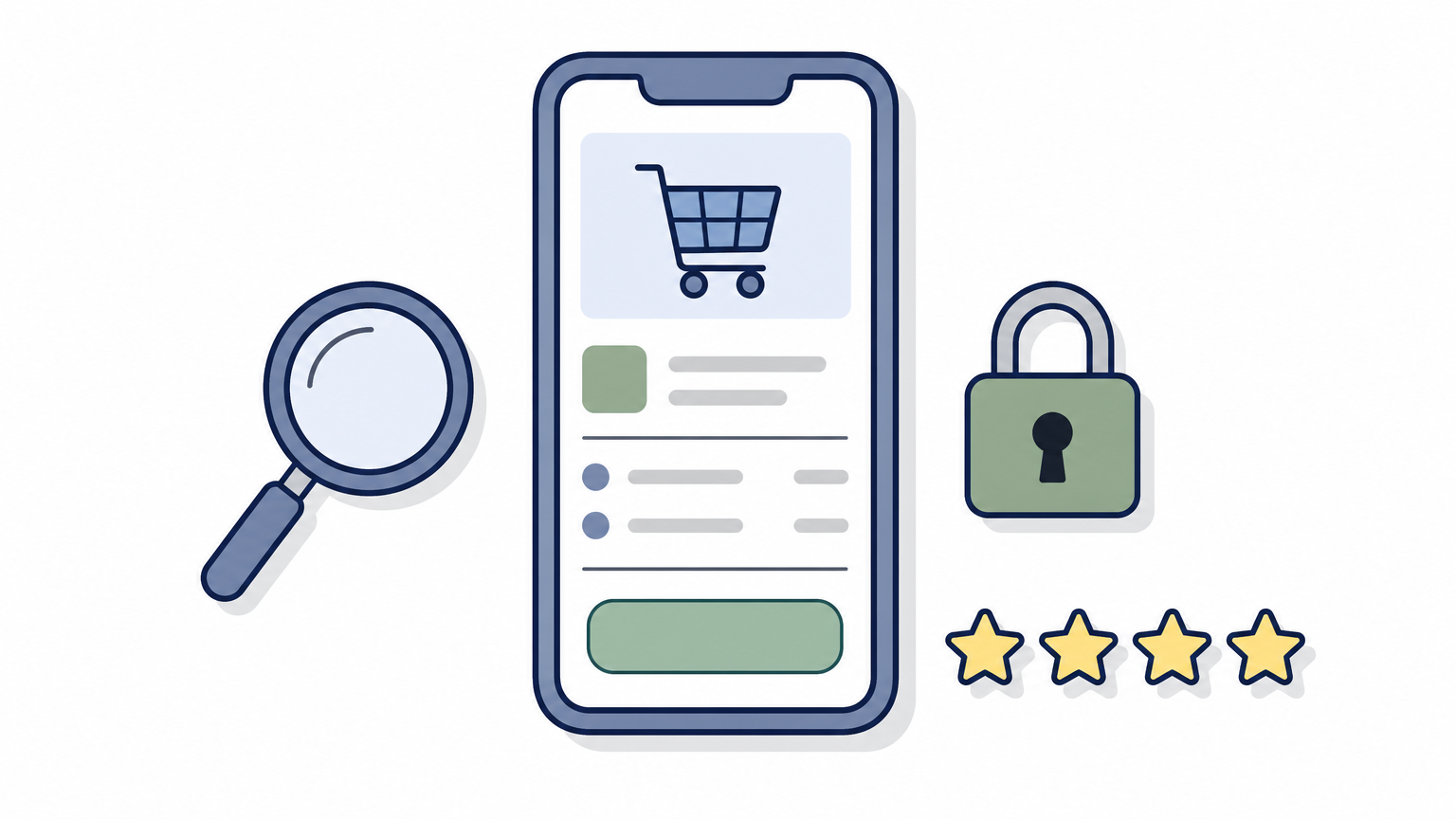 A smartphone with a checkout page, a magnifying glass, a padlock and five stars on a desk.