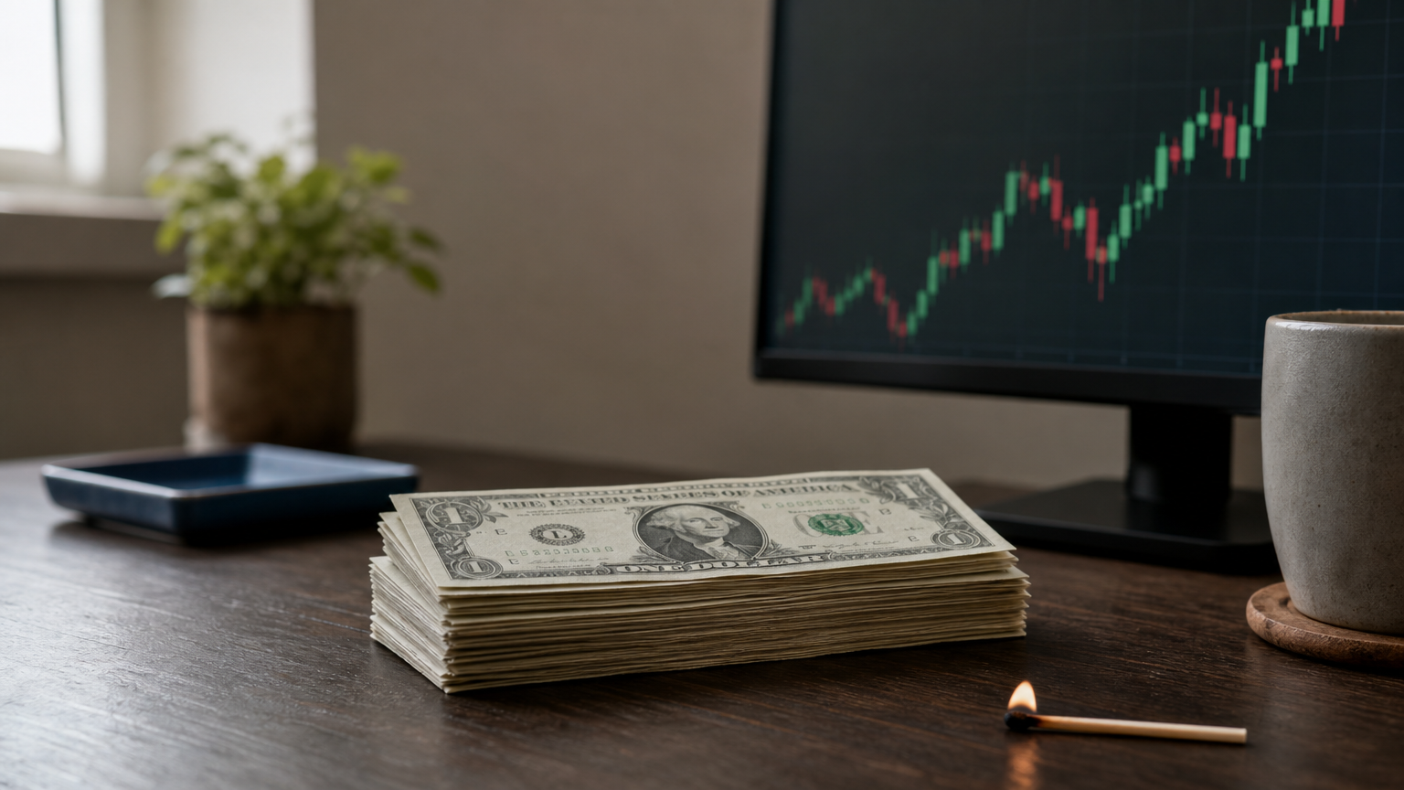 Stack of dollar bills on a desk next to a trading monitor, with a burning match nearby.