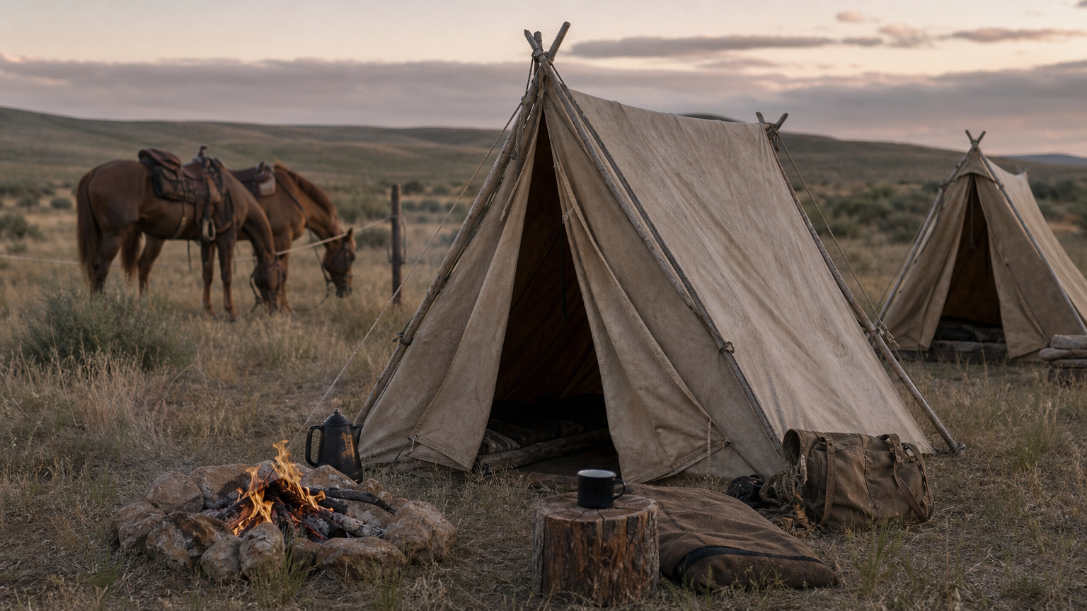 Small canvas tents and a campfire with saddled horses tied on a line at a remote bush camp.
