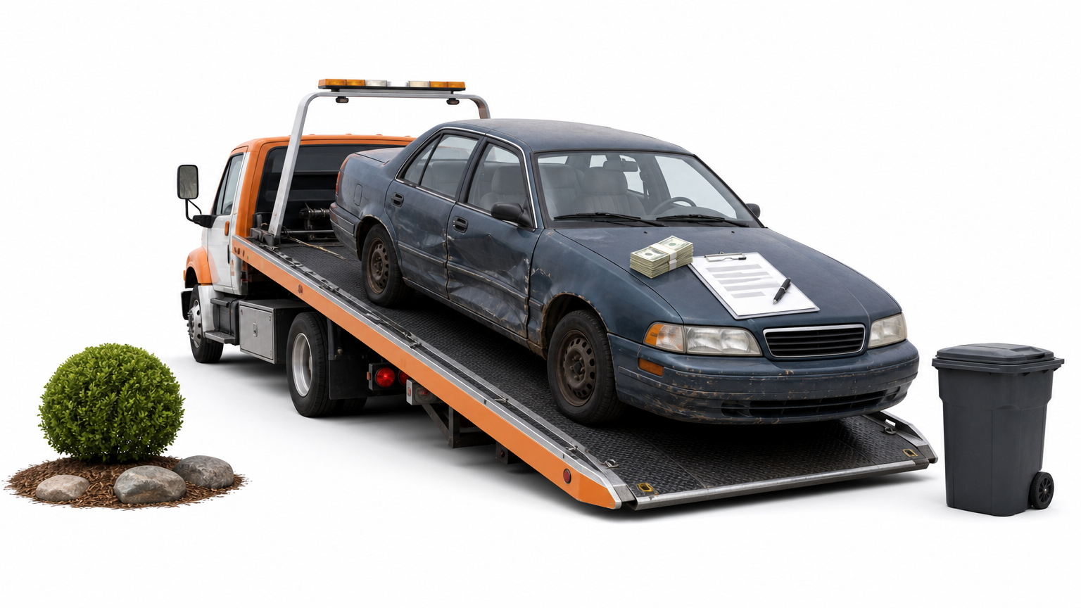 A flatbed tow truck loading a dented car while cash and a receipt sit on the hood.