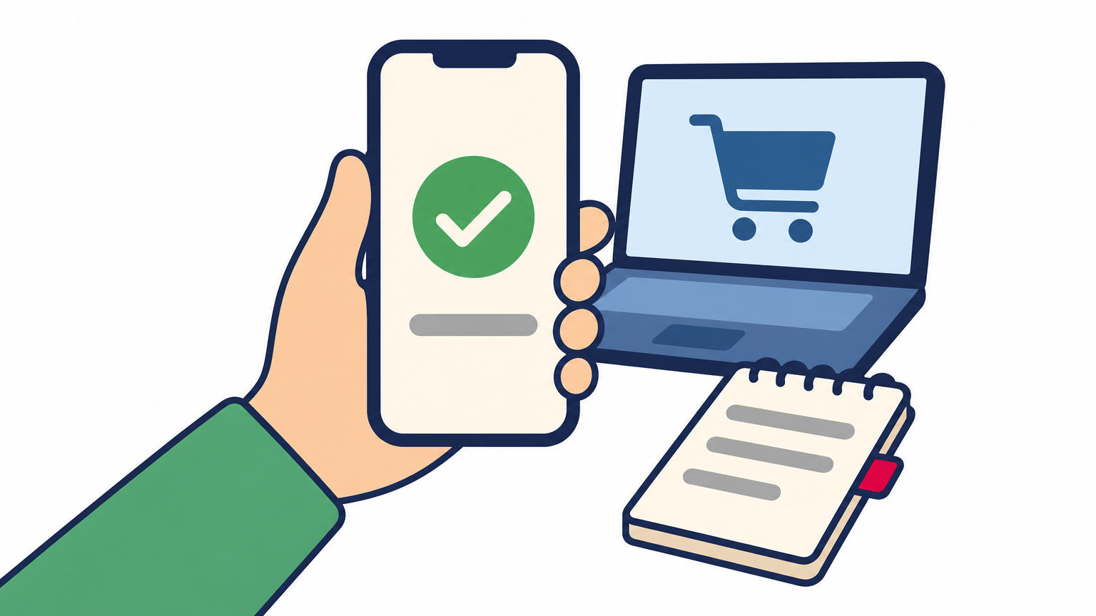 A hand holds a phone with a payment confirmation near a laptop cart and a notepad.