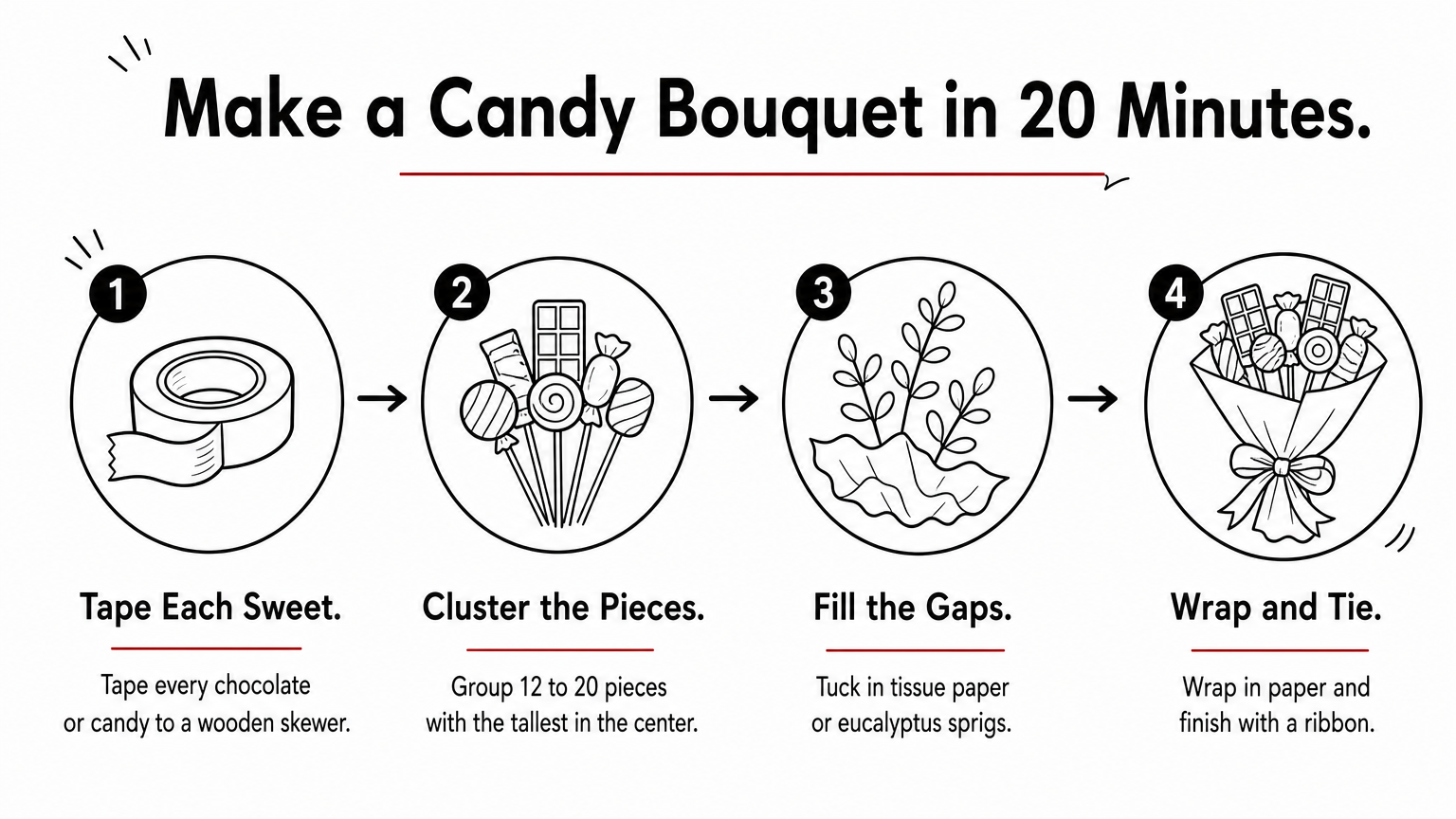Unique Bouquet Ideas For Birthday Four-step diagram showing how to tape, cluster, fill and wrap a homemade candy bouquet.