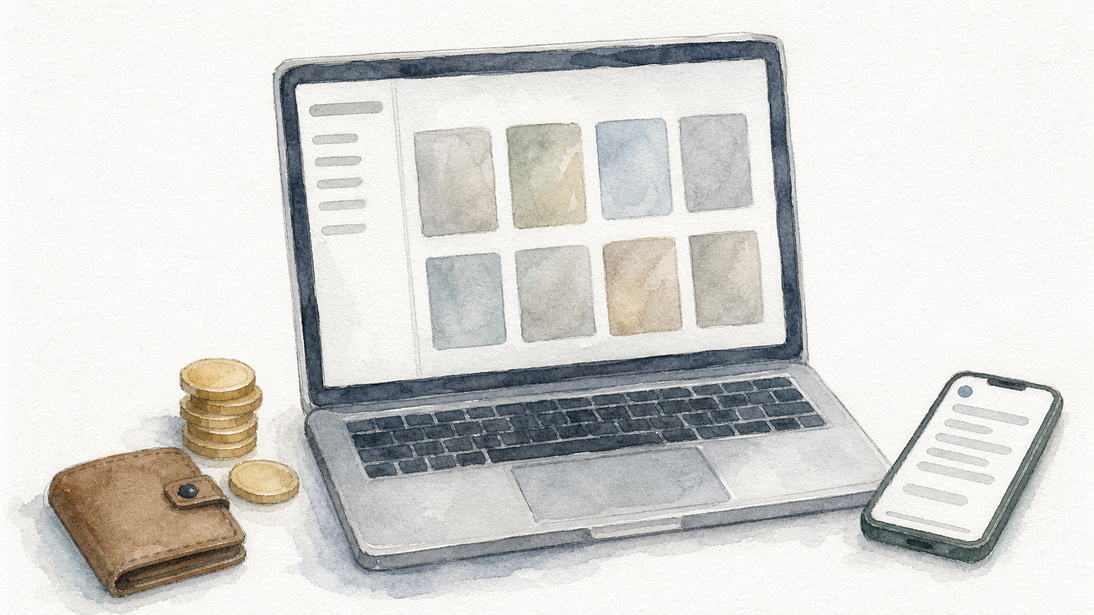 Laptop on a desk with a phone showing an email, a stack of coins and a wallet.