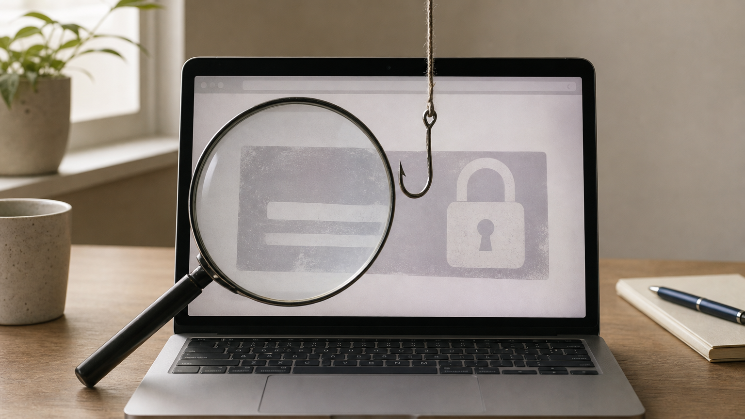 Magnifying glass over a faded promo banner in a browser window, with a phishing hook hanging nearby.