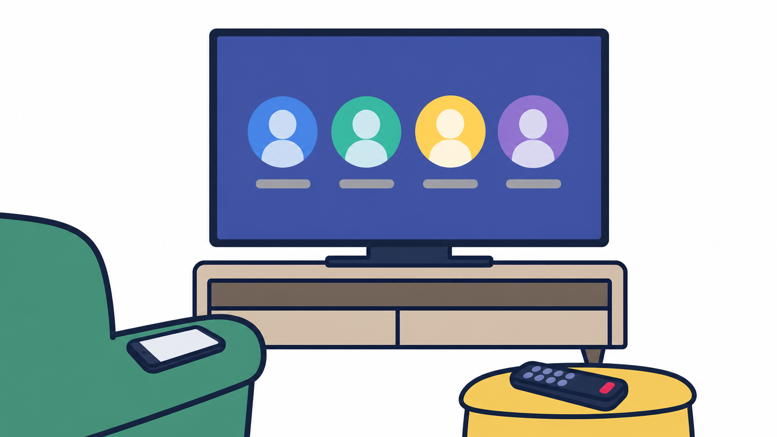 A living room television shows profile selection, with a phone and remote nearby.