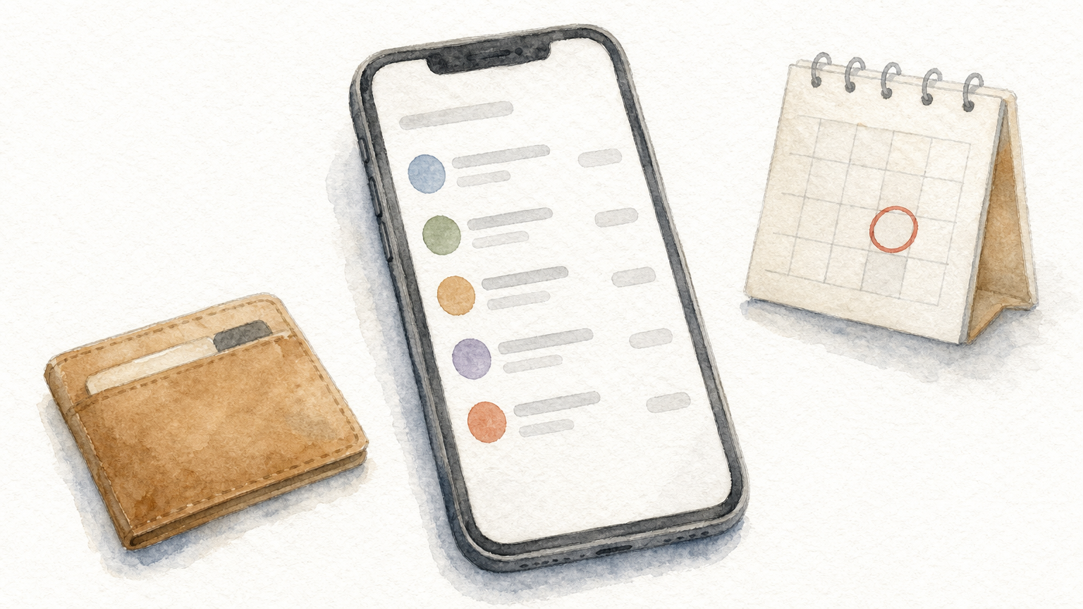 A smartphone showing a subscriptions list beside a card and a calendar with a circled date.