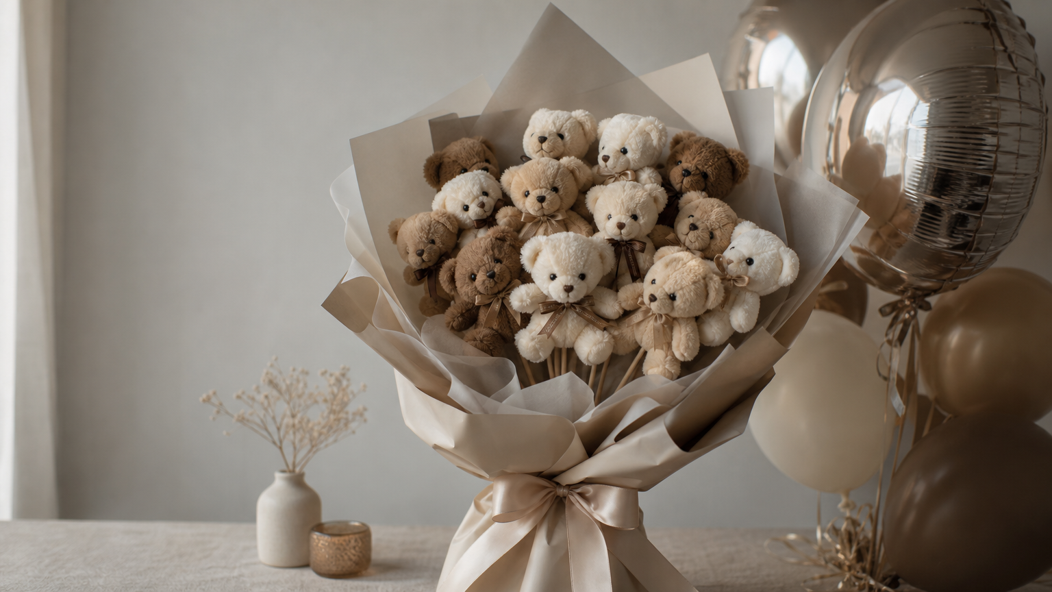 Unique Bouquet Ideas For Birthday A wrapped bouquet of small teddy bears next to a bunch of foil and latex balloons.