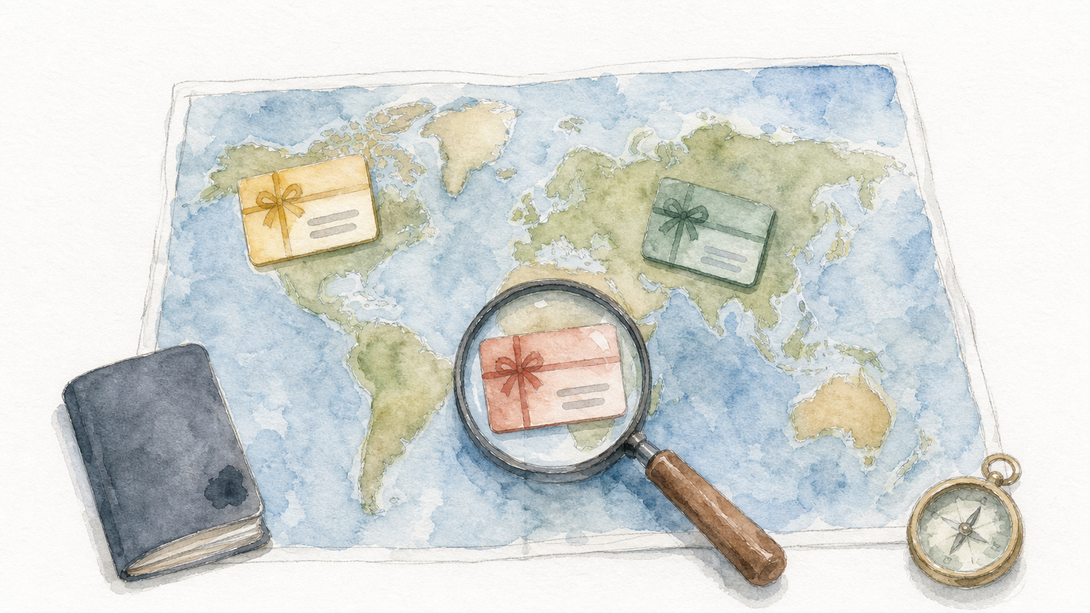 World map with gift cards on different regions and a magnifying glass inspecting one card.