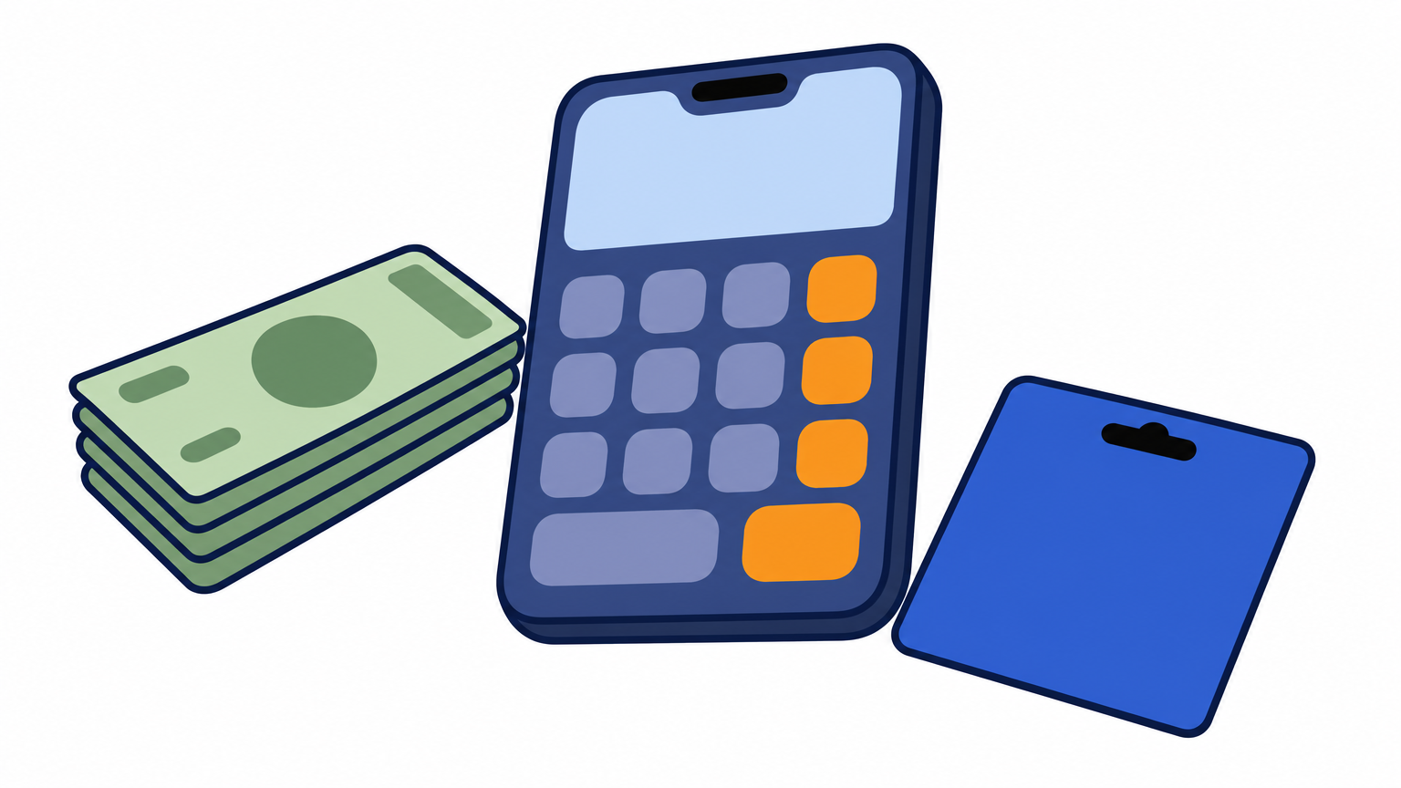 Phone calculator next to taka banknotes and a gift card on a desk.