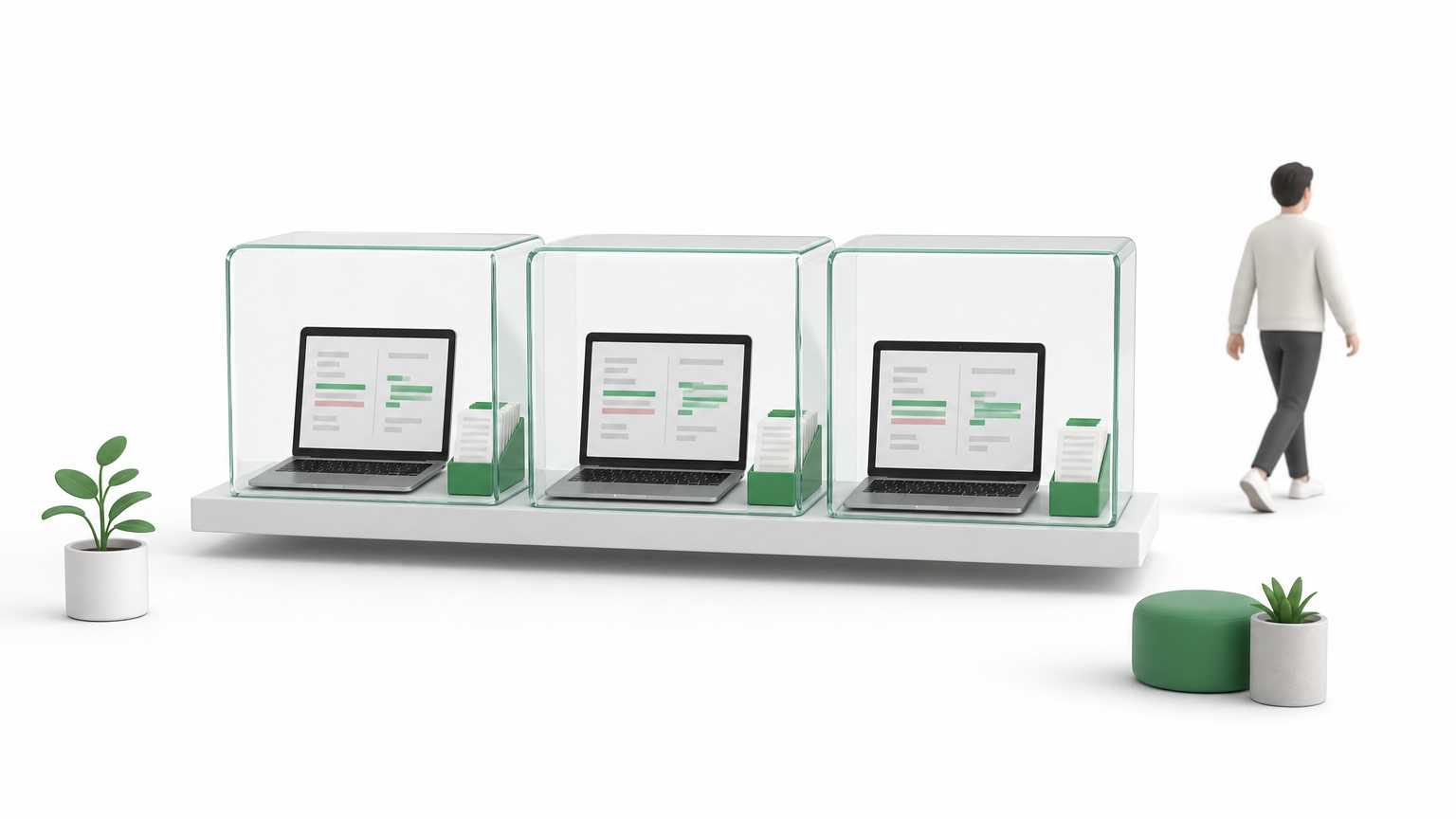 Row of isolated glass containers each holding a laptop running a task, beside a stack of ticket cards.