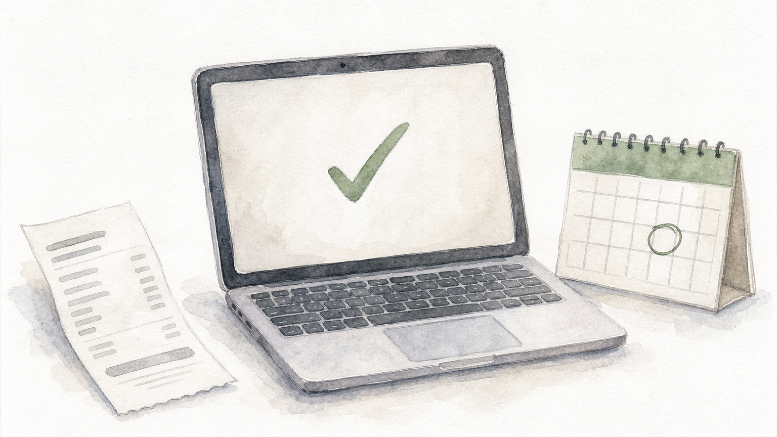 A receipt, a calendar with a circled date, and a laptop displaying a checkmark.