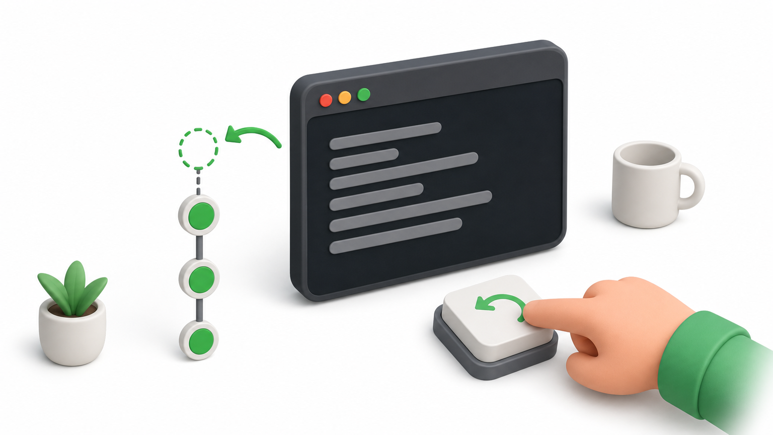 Terminal window next to a chain of commit nodes with a hand pressing an undo key.