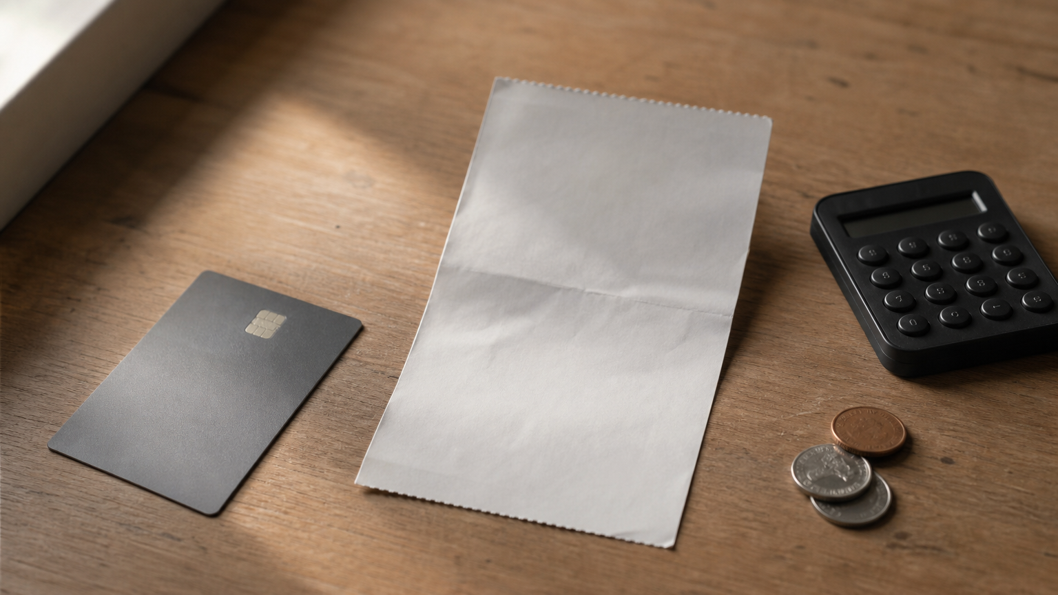 A receipt slip with a debit card, coins, and a calculator on a desk.