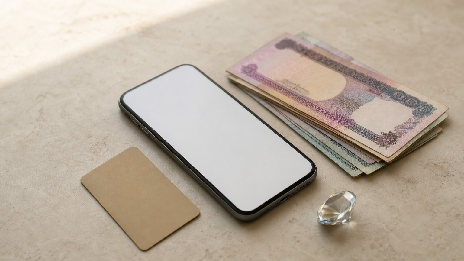 Smartphone beside taka banknotes, a gift card, and a diamond gem on a table.