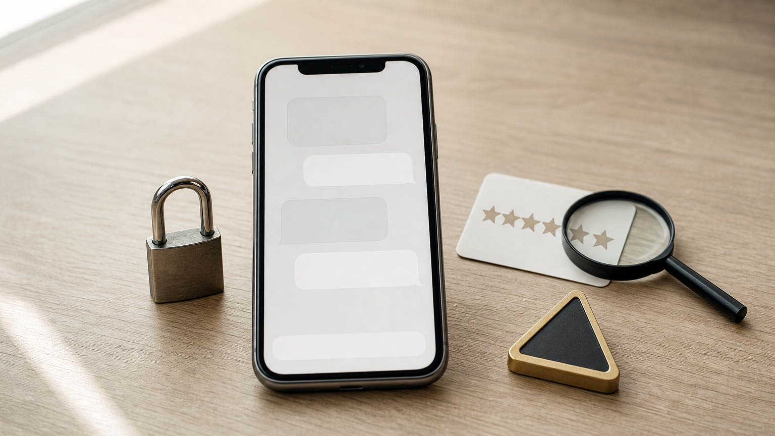 A phone with a seller chat beside a padlock, magnifying glass over a rating card, and warning sign.