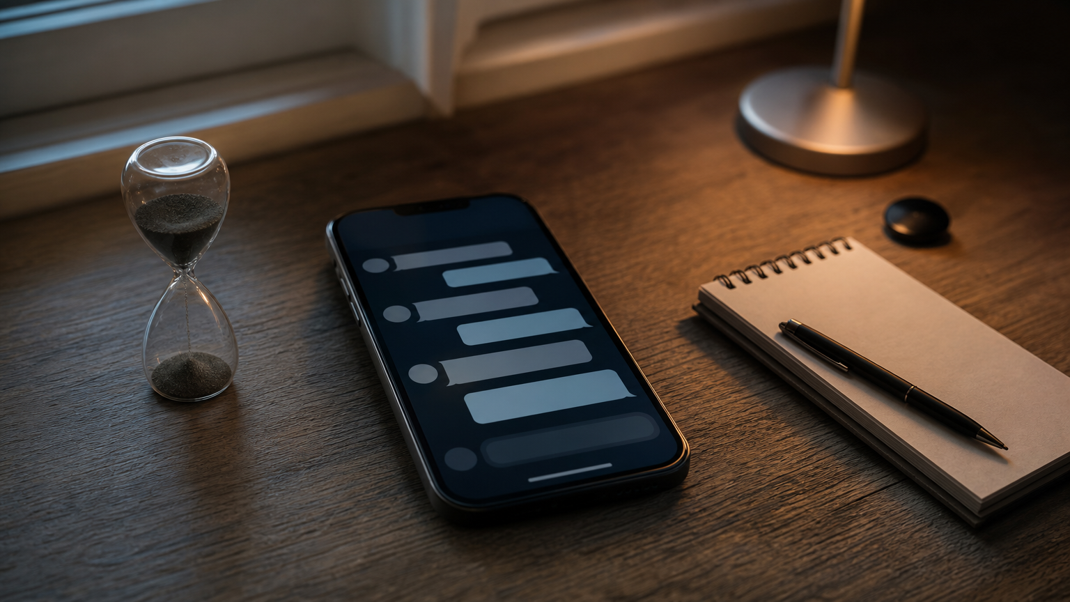 Phone with a chat window on a night desk beside an hourglass and notepad.