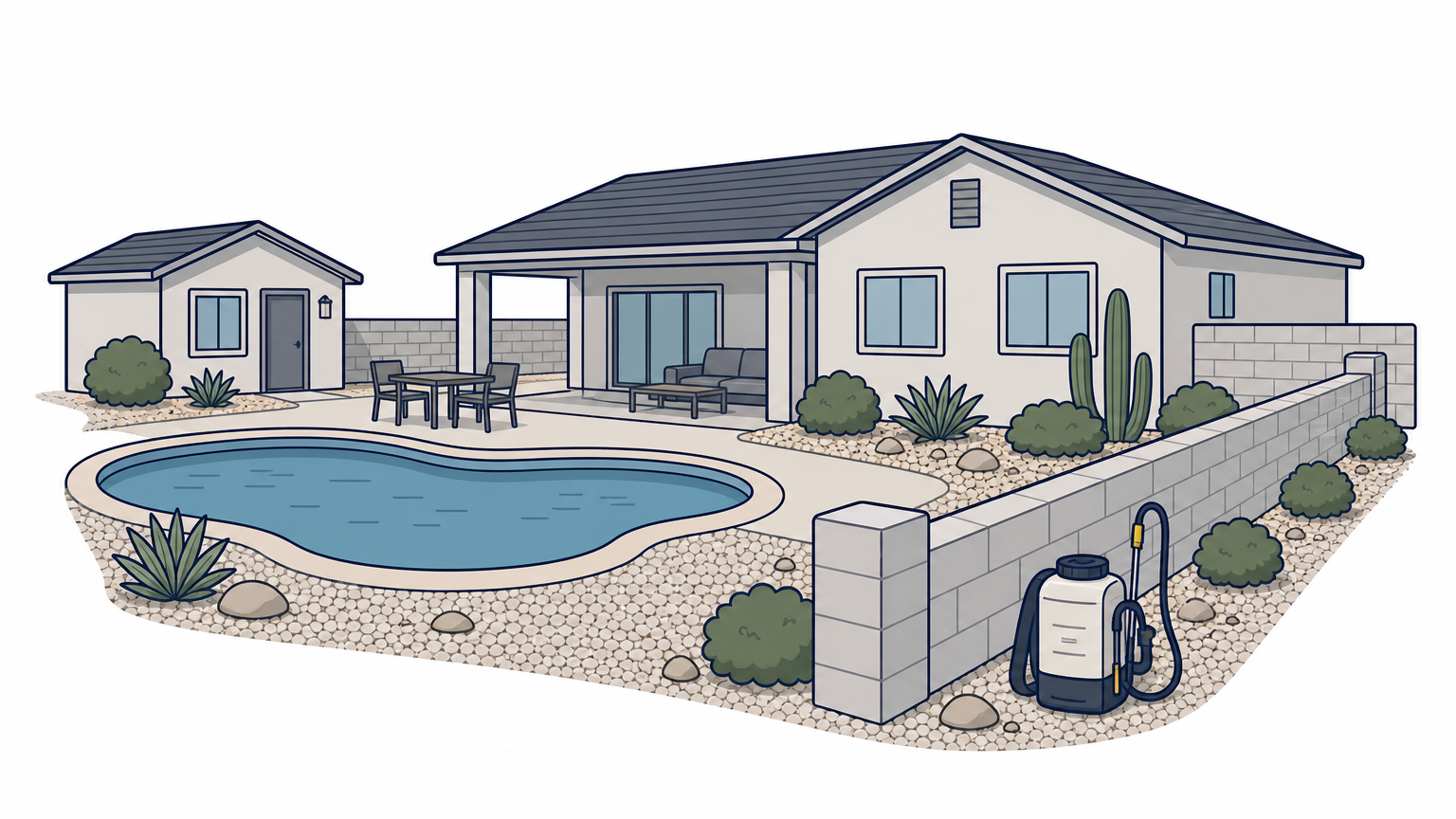 A house with block wall, pool, and casita, with a pest technician's sprayer resting along the gravel perimeter.