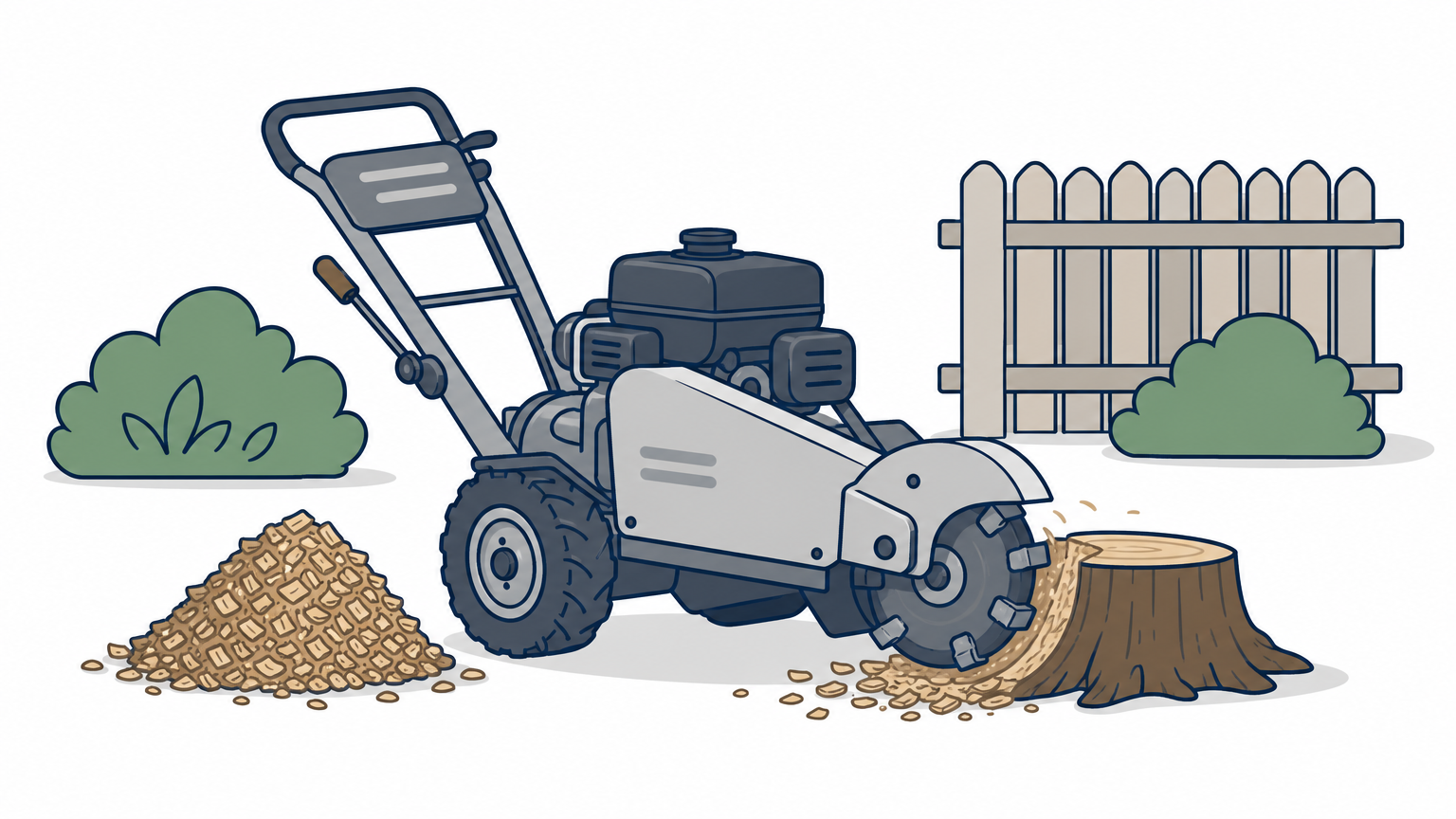 A walk-behind grinder cutting down a tree stump with wood chips piled beside it in a backyard.