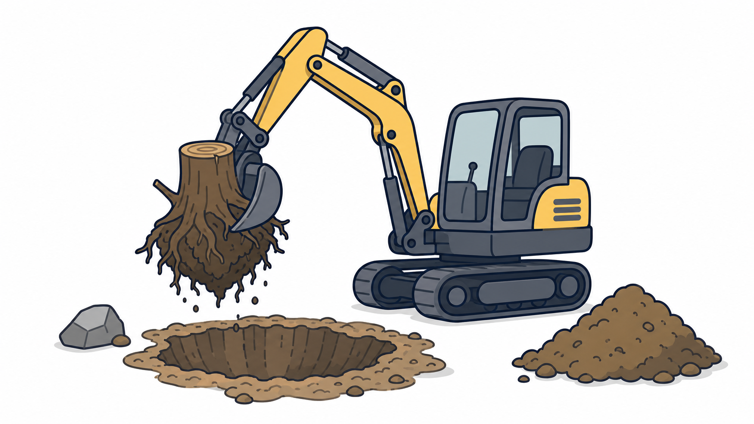 An excavator pulling a large stump and root ball from the ground, leaving a crater.