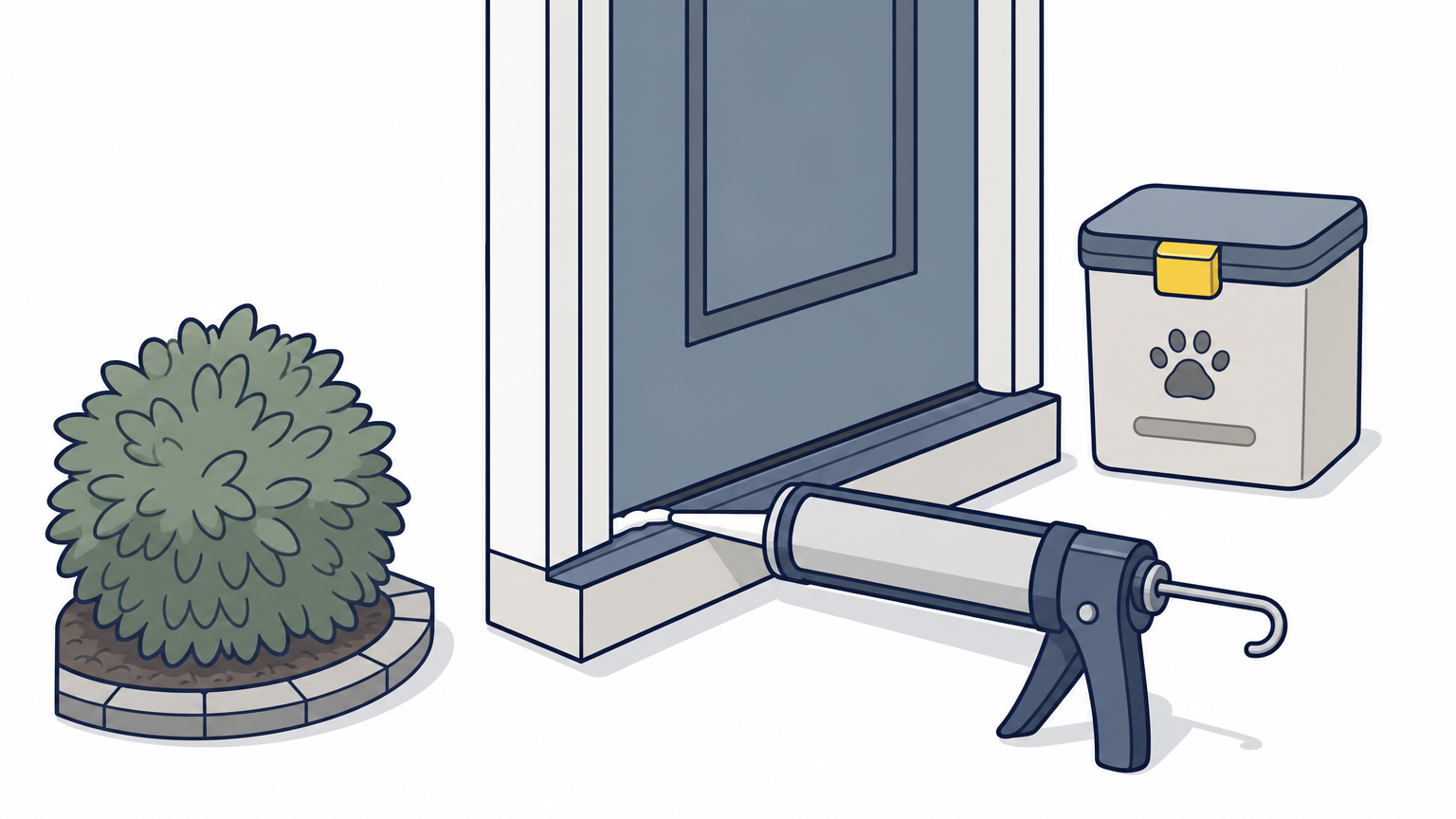 A caulk gun sealing a gap at a door threshold beside a trimmed shrub and sealed pet food container.