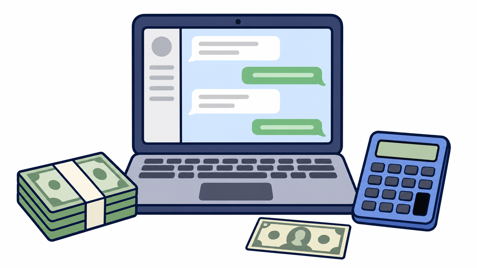 A laptop with a chat window beside taka notes, a calculator and a dollar bill.